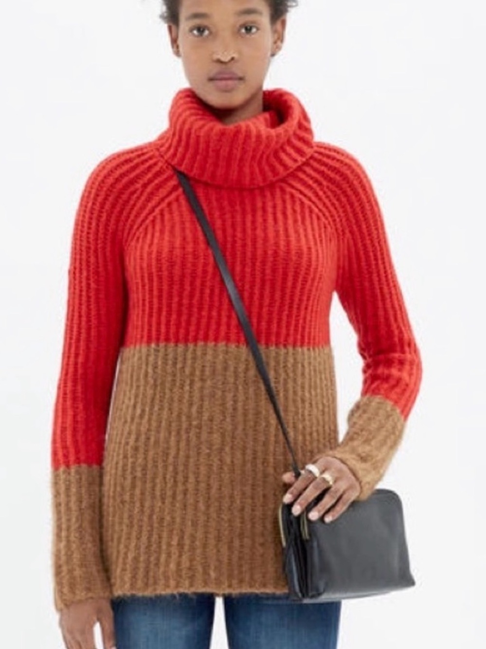 Madewell Red And Brown Oversized Colorblock Turtleneck Sweater Size L
